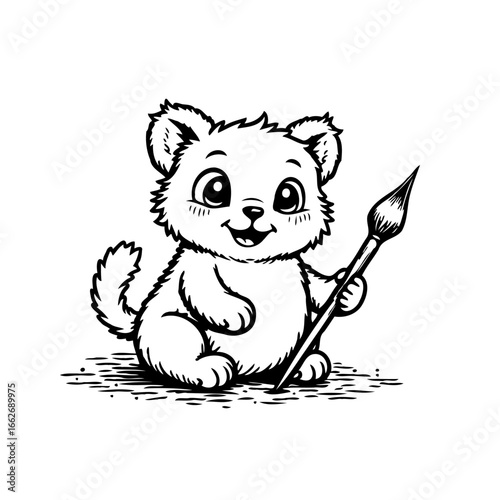 Enchanting feline artist with a mischievous grin holding a paintbrush in a playful hand-drawn