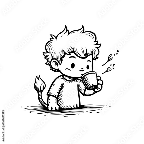 Enchanting feline child sketch enjoying warm drink cartoon vector illustration radiates innocence