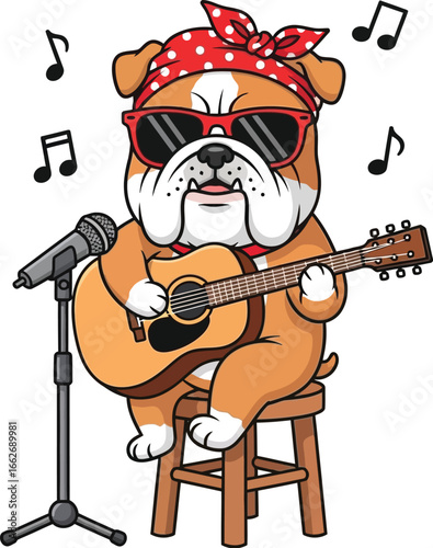 Cool Bulldog Playing Guitar and Singing Cartoon Illustration