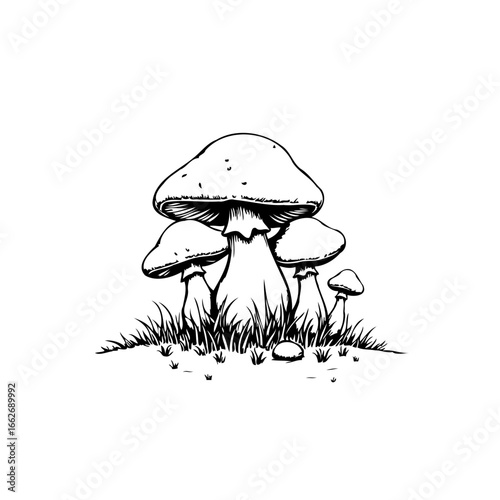Enchanting forest mushrooms cluster detailed illustration showcasing the beauty of nature drawing