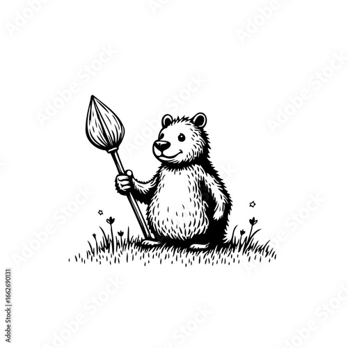 Enchanting woodland creature illustration whimsical bear with spear in grassy field black and