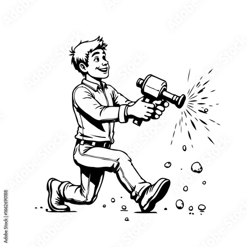 Energetic young man playfully shoots an imaginary device creating a burst of whimsical sparkles