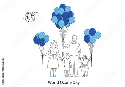 Illustration depicting a family holding blue balloons, celebrating World Ozone Day, promoting environmental awareness.