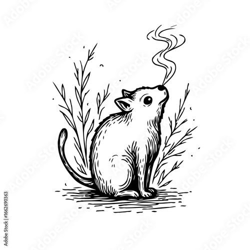 Enigmatic rodent emitting vapors, a whimsical monochrome illustration, blending nature and