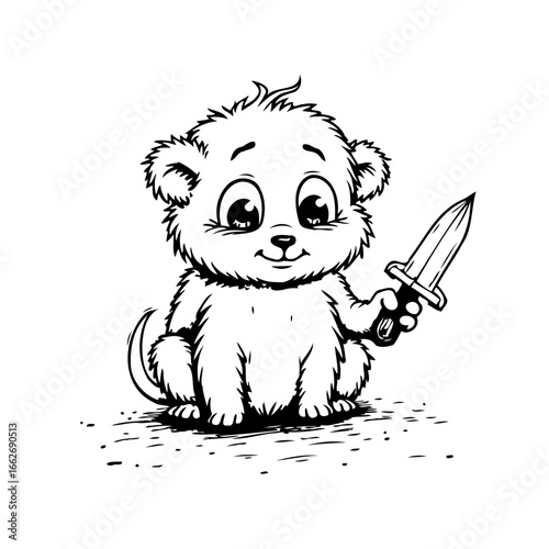 Fluffy creature wielding sharp dagger illustration presents contrast between cute and dangerous