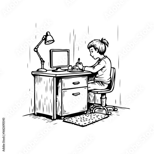 Focused young student diligently learning at a desk with computer during homeschooling in