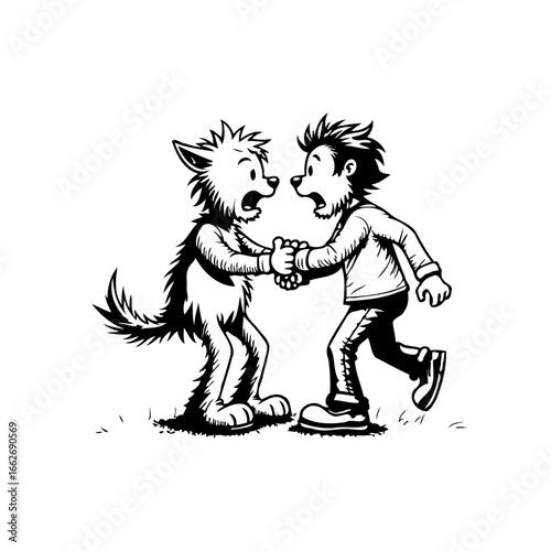 Furry creature encounters terrified kid cartoon depiction depicting awkward first contact and a