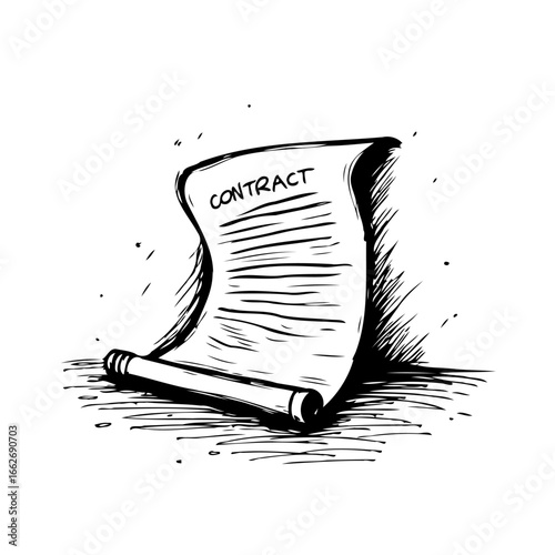 Hand drawn contract document illustration displays formal agreement symbolizing legal binding and
