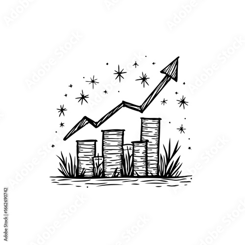 Hand drawn financial growth illustration with an upward trending arrow and column depicting