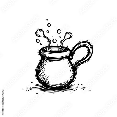 Hand drawn splashing liquid in a ceramic mug depicting refreshment and simplistic artistic