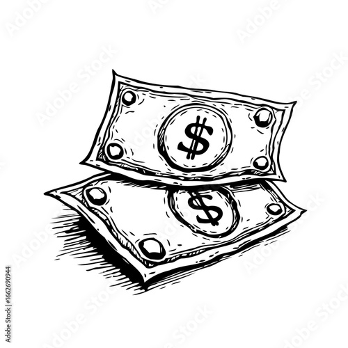 Hand drawn sketch of stacked dollar bills conveying financial abundance and economic prospects