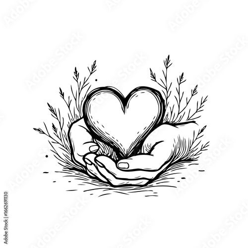 Hands tenderly holding a heart amidst foliage sketch evokes care affection kindness compassion