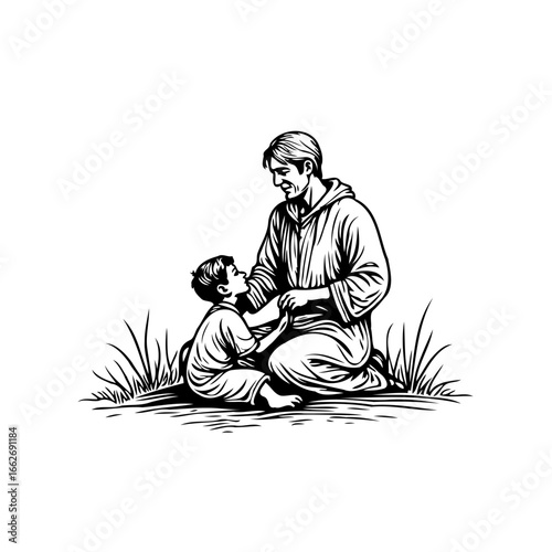 Heartwarming illustration of familial love a father and son bonding outdoors in a serene setting