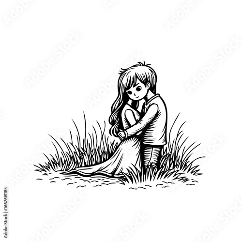 Heartwarming embrace amid tall grass artwork conveying tenderness affection and peaceful harmony