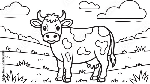 Hand-drawn Cow Grazing in a Field with Clouds