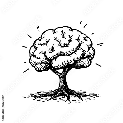 Illustration of a brain-shaped tree symbolizing growth of intellect mental health and intellectual