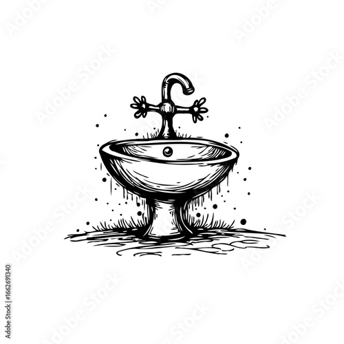 Illustration of a hand-drawn ceramic washbasin with ornate faucet showcasing a stylized clean