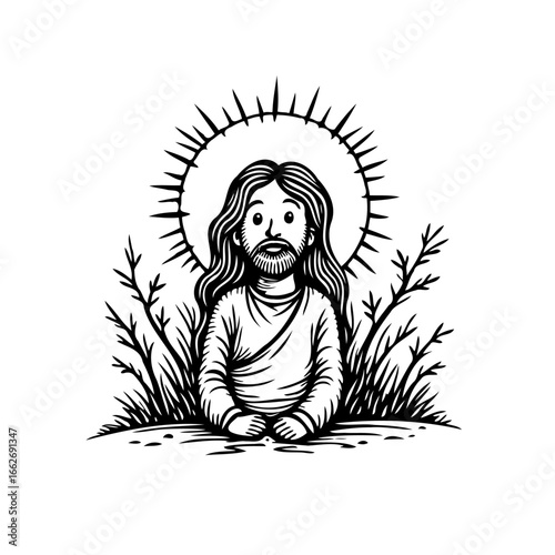 Illustration of a man with long hair and beard surrounded by radiating light in nature setting