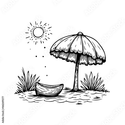 Illustration of sunny seashore scene with boat under umbrella on a summer vacation day