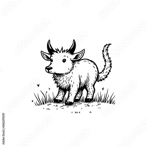 Illustrative depiction of a young yak calf grazing in a grassy field in black and white artwork