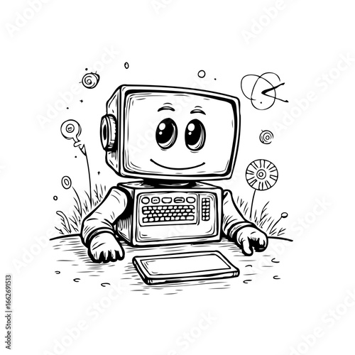Illustrative depiction of anthropomorphic computer character in black and white amid whimsical