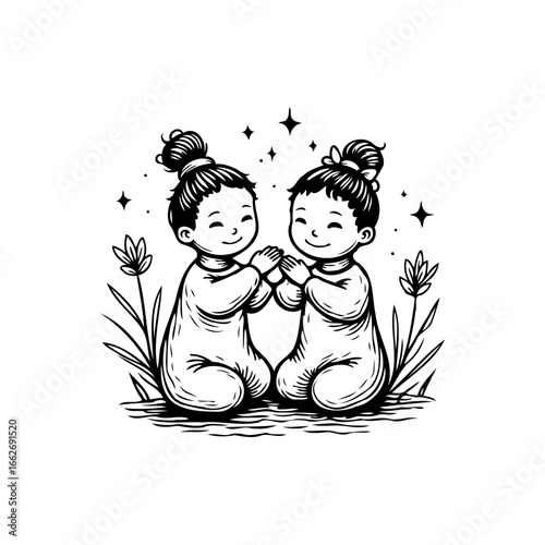 Illustrative depiction of twin toddlers showing affection amidst stylized flora with star accents
