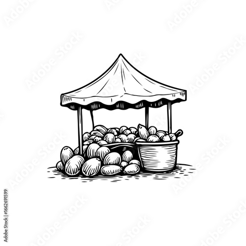 Illustrative rendering of a produce stand overflowing with harvest showcasing agrarian abundance