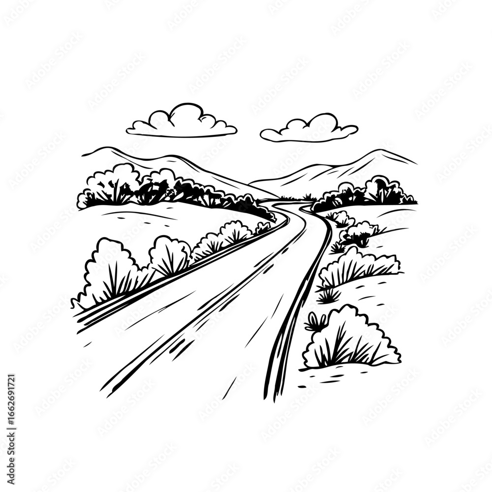 Naklejka premium Ink drawing depicts a serene countryside route winding through hills under fluffy clouds evoking
