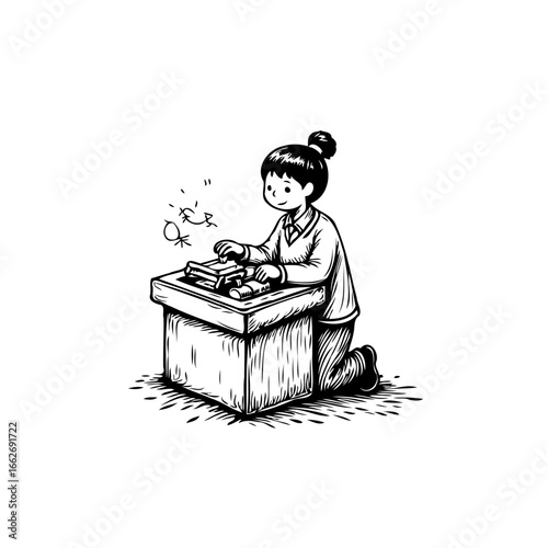Ink drawing illustration of a person kneeling reading books on small desk with enthusiasm and