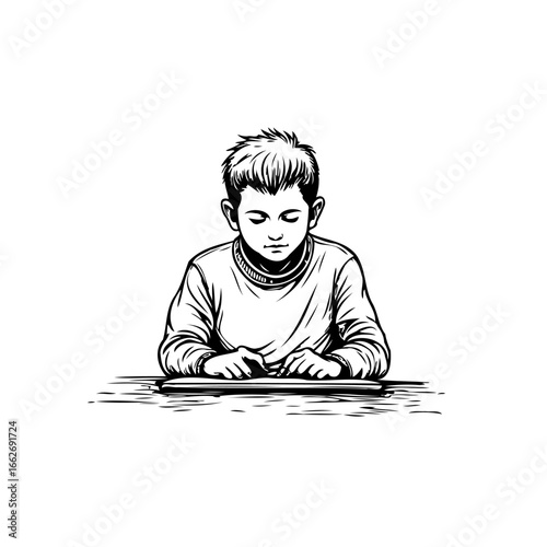Ink drawing of a boy concentrating intensely while interacting with a device promoting focused