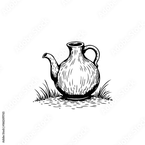 Ink drawing of an old watering can standing amid the grass in a vintage engraving style illustration