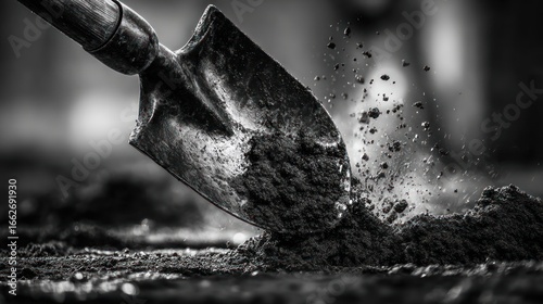 Shovel in earth, monochrome, dirt scattering on ground, close up