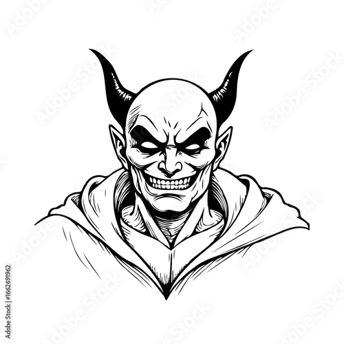 Intricate devil illustration a monochrome rendering of a horned demonic figure evoking a sense of