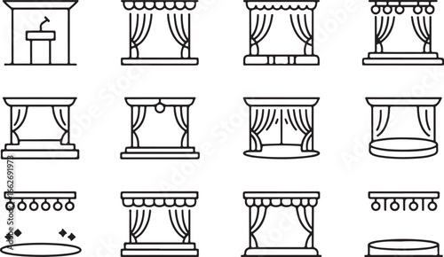 Theater Stage Designs with Curtains, Podium, and Spotlights