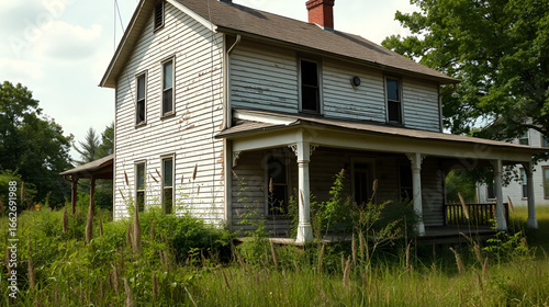 Exterior of abandoned weathered two-story farmhouse in disrepair with peeling paint. Overgrown weeds surround house, conveying neglect, deterioration. Foreclosed home bank property waiting for