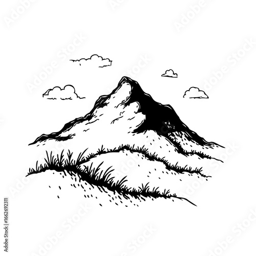 Majestic mountain peak illustration against serene sky with wispy clouds and verdant grass