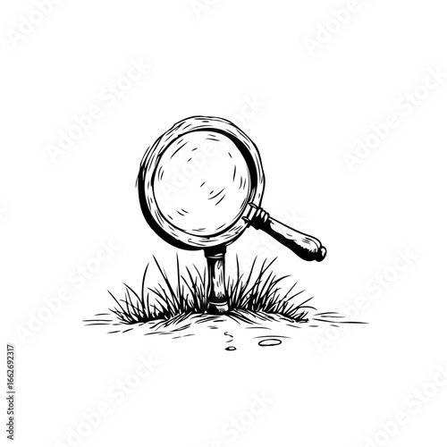 Magnifying glass resting on a patch of grass symbolizing discovery analysis and investigative