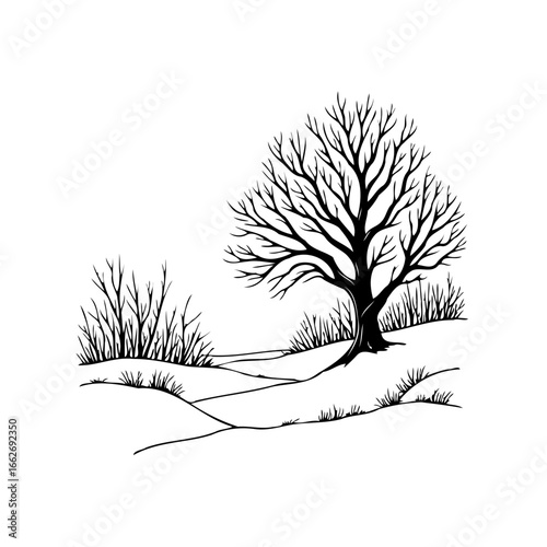 Minimalist depiction of a solitary tree standing in a snow-covered landscape conveying stark