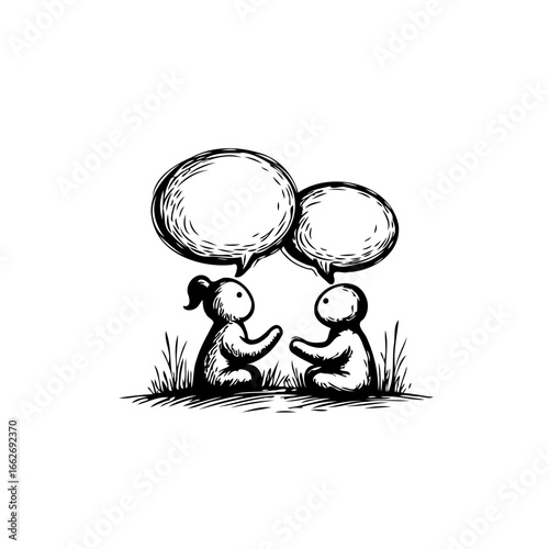 Minimalist illustration depicting figures engaged in dialogue with expressive speech bubbles