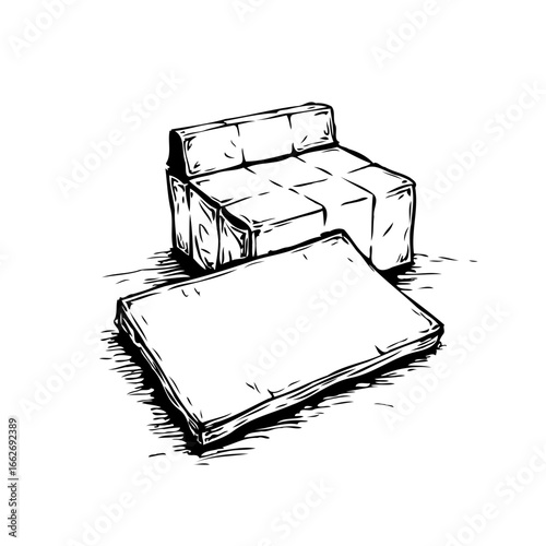 Minimalist sketch of sectional sofa with ottoman showcasing blocky cushions and angled perspective