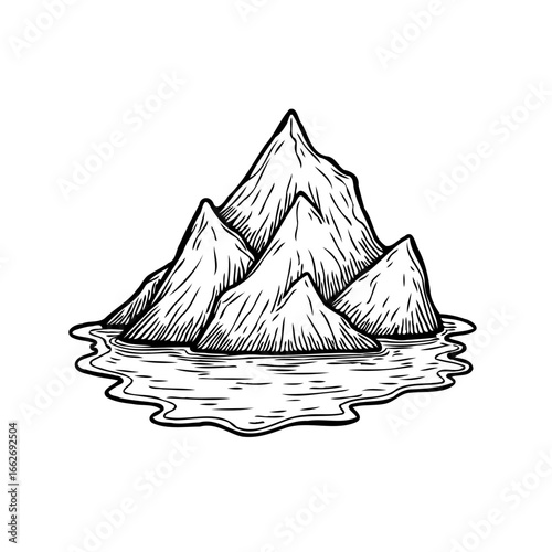 Monochromatic mountain range etching amidst gentle waters showcasing tranquility and natural