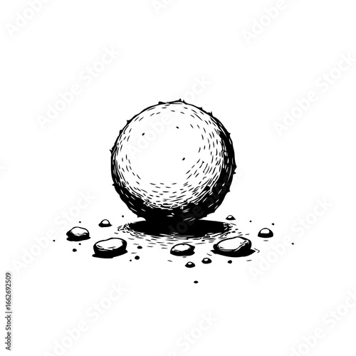 Monochromatic sphere illustration exhibiting textured surface detail and diminutive surrounding