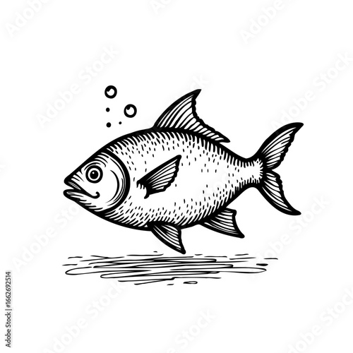 Monochrome aquatic fauna illustration portraying swimming with bubbles offering a timeless quality
