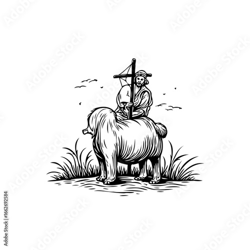 Monochrome artwork portraying a man traversing on a large woolly animal holding a symbolic cross
