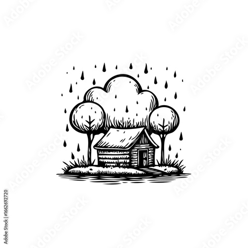 Monochrome countryside scene: A modest cabin amidst rain and arboreal silhouettes exudes serene