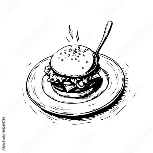 Monochrome delectable sketched burger on plate, culinary art, gastronomic delight, burger