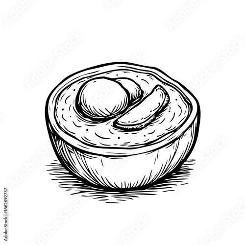 Monochrome culinary drawing portraying a fruit custard bowl showcasing hand drawn style line art