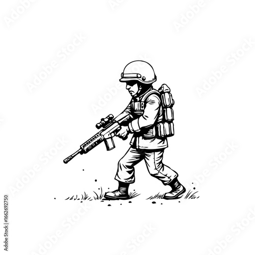 Monochrome depiction of a determined soldier advancing with rifle illustration in black and white