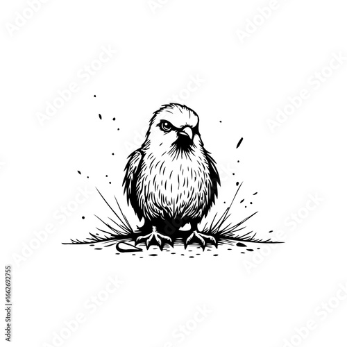 Monochrome depiction of a small bird vector design illustration with determined gaze amidst