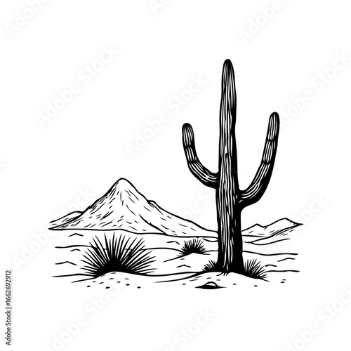 Monochrome illustration capturing the stark beauty of a desert landscape with towering cactus and